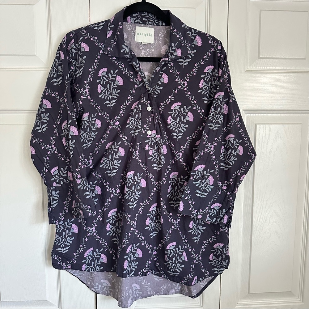 Marigold Shirt Womens XL Purple Floral Print Cotton Button Up Top Boho Tunic